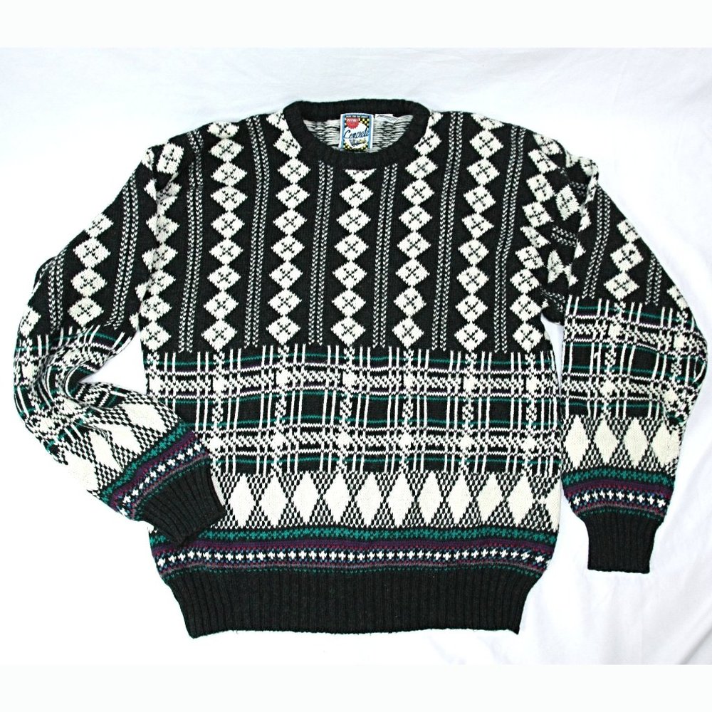 Vintage Diamond Argyle Plaid Mens Sweater Concrete Black White 1980s - M